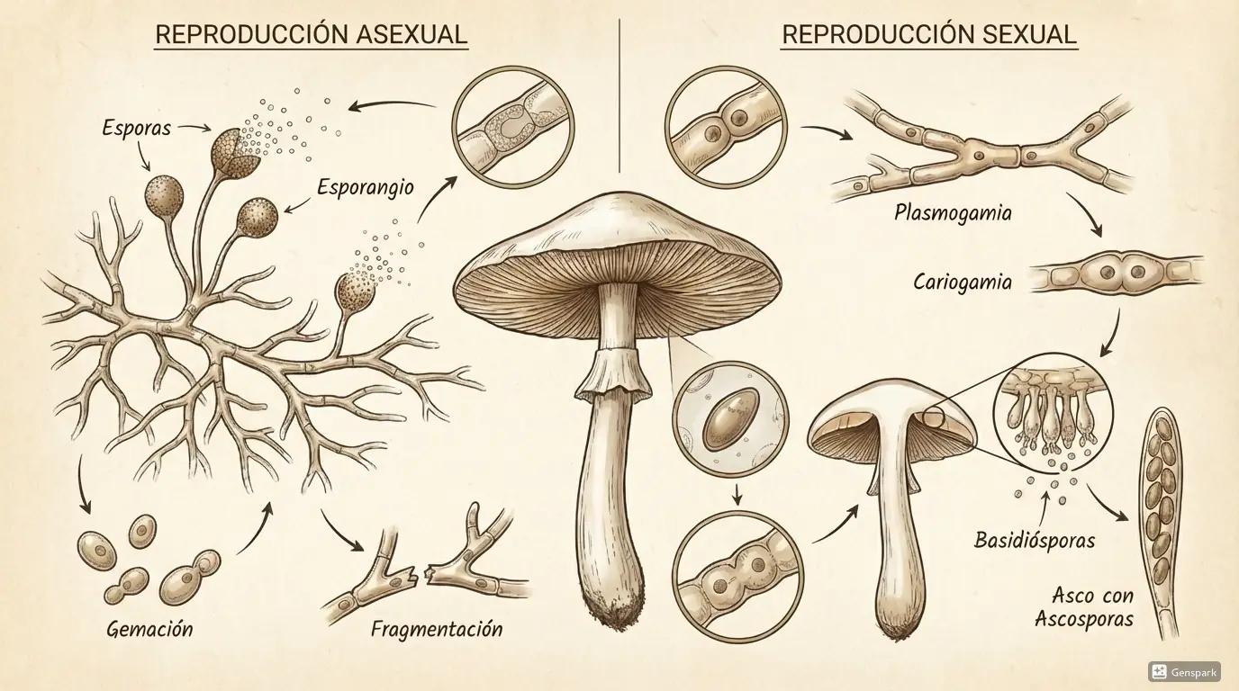 se muestra los dos tipos de reproduccion en los hongos: asexual y sexual